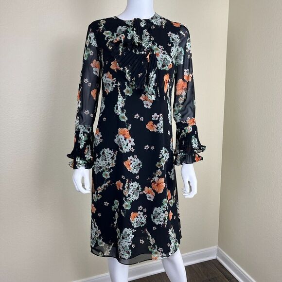 Mikael Aghal Women's Size 2 Floral Ruffle Pleated Sheer Dress Chiffon Victorian - Picture 12 of 13